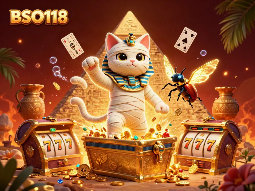 Engage with BSO118 and explore vibrant slot gaming represented by a mummy cat and glowing scarab.