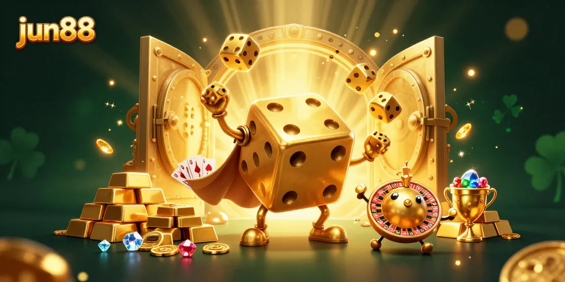 Experience thrilling gameplay at jun88 with a vibrant 3D casino scene showcasing gold treasures and animated dice.