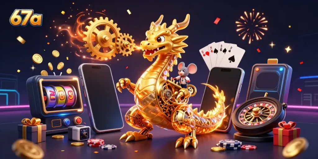Experience exciting gameplay with 67a, featuring a golden dragon and vibrant casino elements.