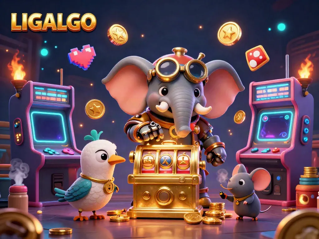 LIGALGO offers a vibrant gaming atmosphere with a whimsical steampunk character operating a golden slot machine.