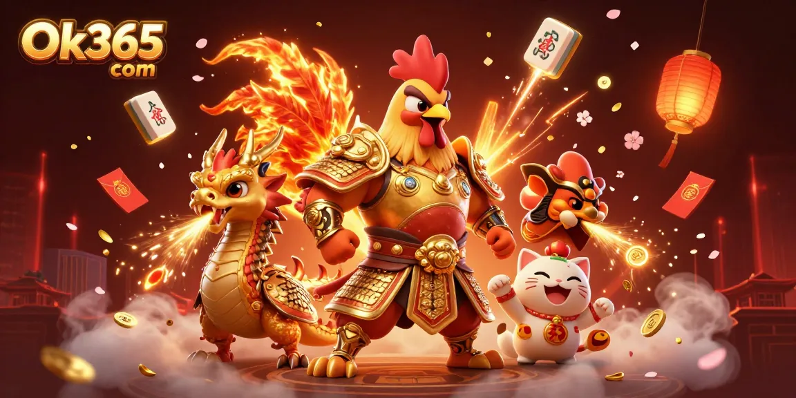 Experience thrilling action at Ok365 com with a powerful rooster warrior, dragon hatchling, and vibrant casino elements.