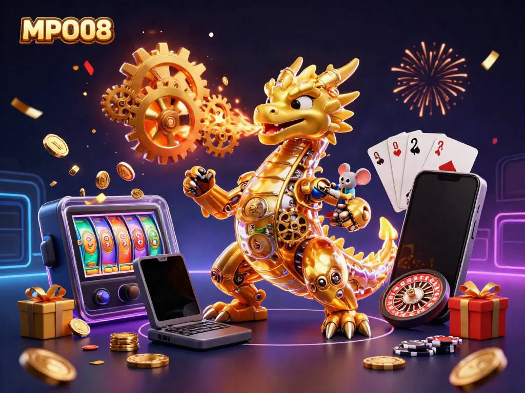 MPO08 captures the vibrant essence of casino gaming with a golden dragon and slot game elements.