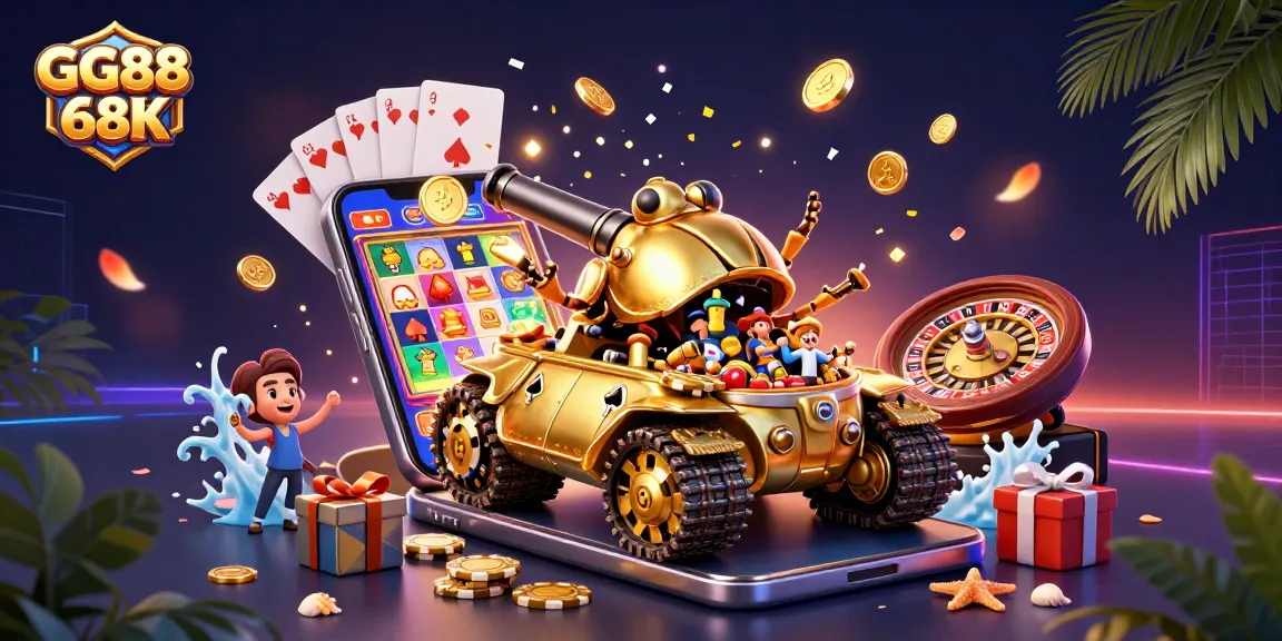 Engage with the vibrant GG88 68K casino scene featuring a golden beetle tank, slot games, and festive decor.