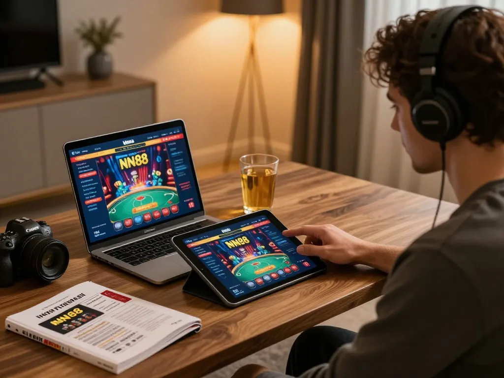 Engaging gameplay on NN88 online casino tablet in a warm home setting.