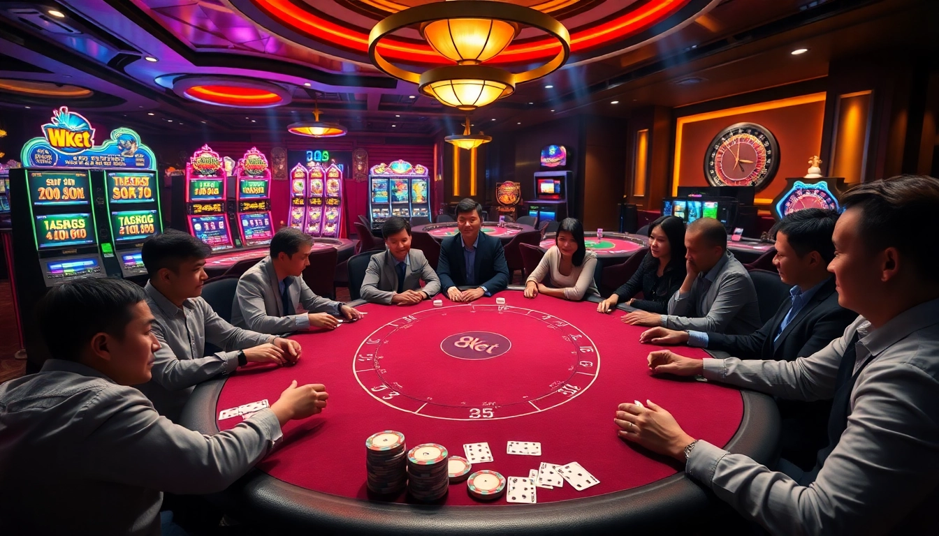 Poker players enjoying an exciting game at 8kbet, showcasing casino chips and a roulette wheel