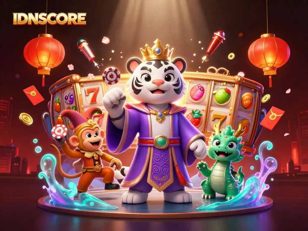 IDNSCORE features a vibrant scene with a royal tiger and jester monkey celebrating gaming excitement.