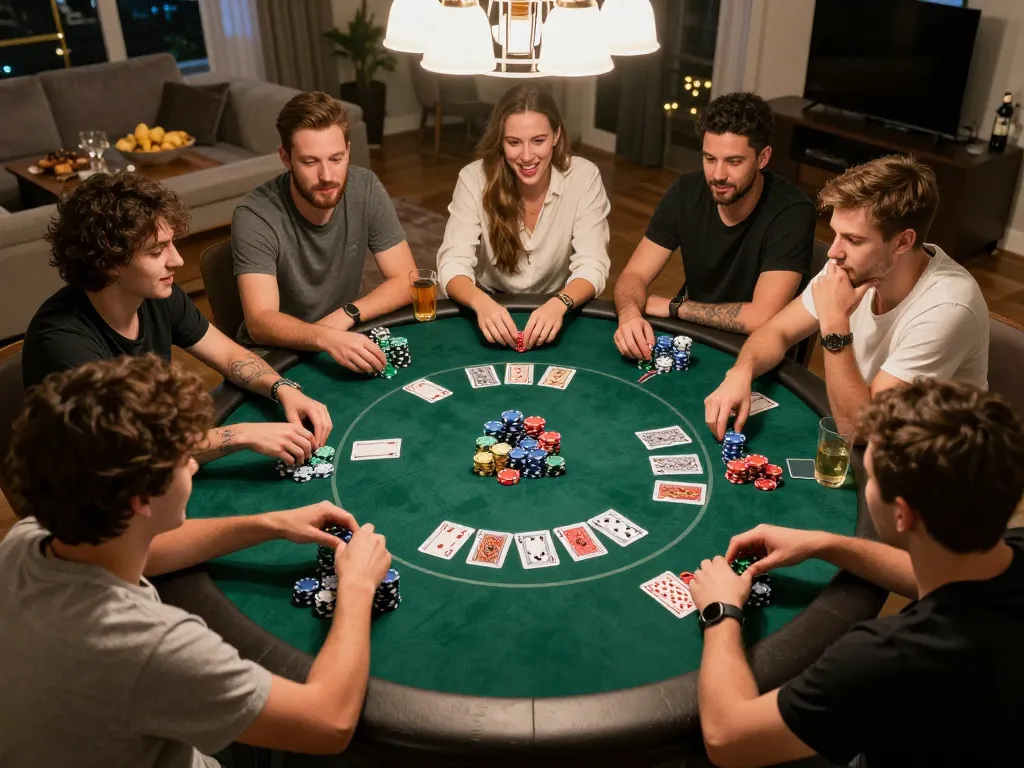 Friends enjoy a poker game at home, enhancing their skills on go8 while sharing laughter and strategy.
