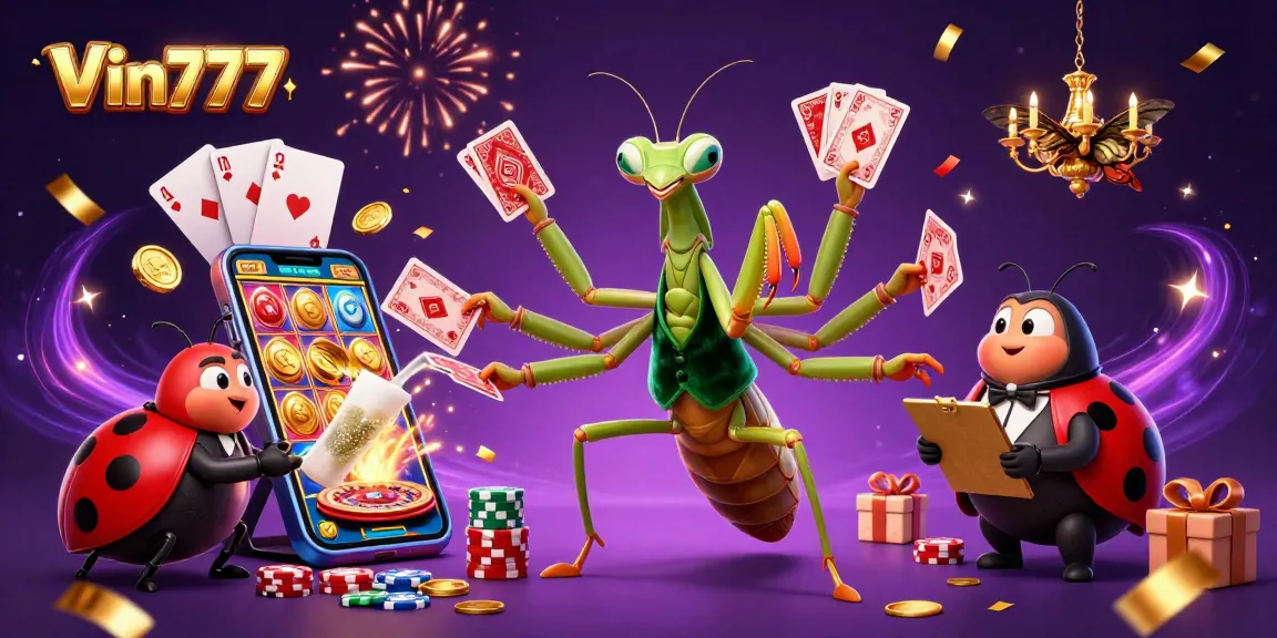 Win big with Vin777 as a giant mantis deals cards and chips explode with gold.