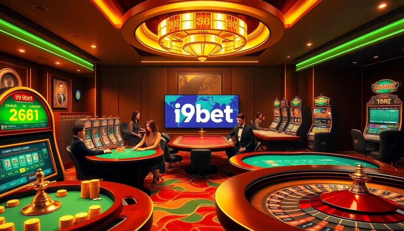 The scene showcases players enjoying games at i9bet's luxurious online casino, emphasizing excitement and high-stakes entertainment.