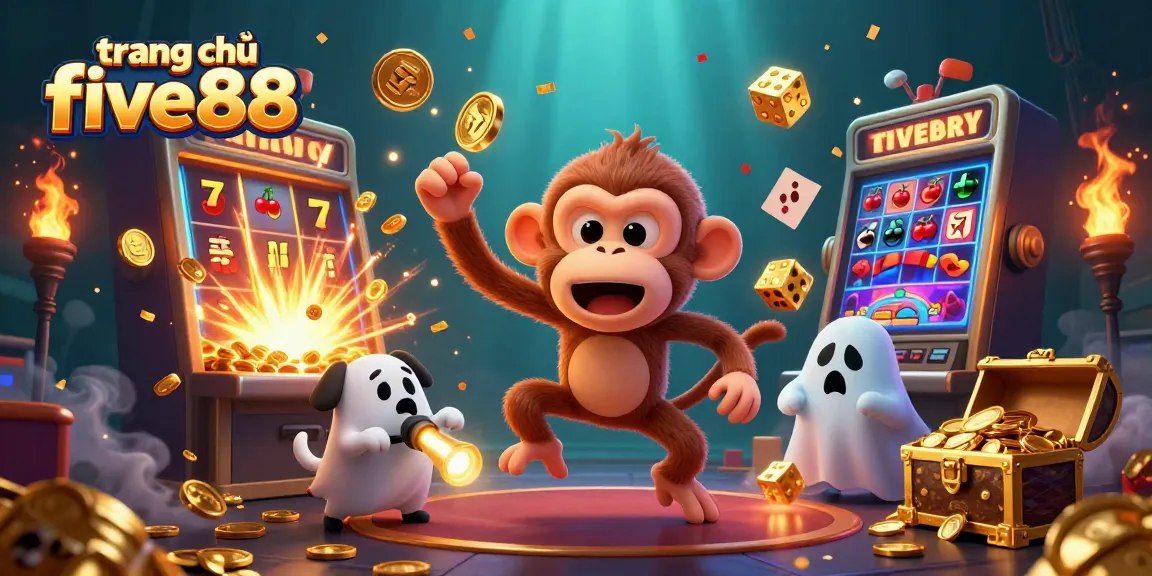 Experience the thrill of trang chủ five88 as a poltergeist monkey juggles winnings in a spooky casino scene.