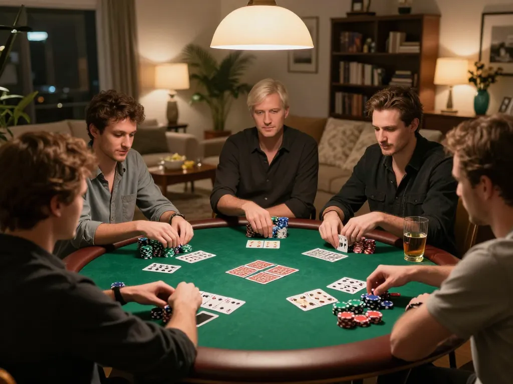 Players strategizing in an engaging poker game at home, showcasing the vibrant atmosphere of LC88 gambling.