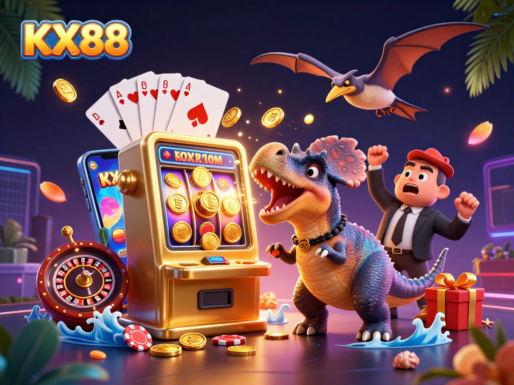 KX88 brings excitement with a 3D pachycephalosaurus hitting a jackpot, capturing a thrilling casino scene.