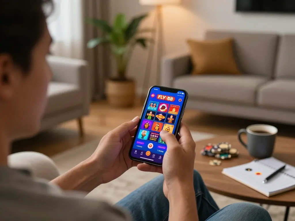 Player engaging with fly 88 app for online gaming in a cozy home setting.