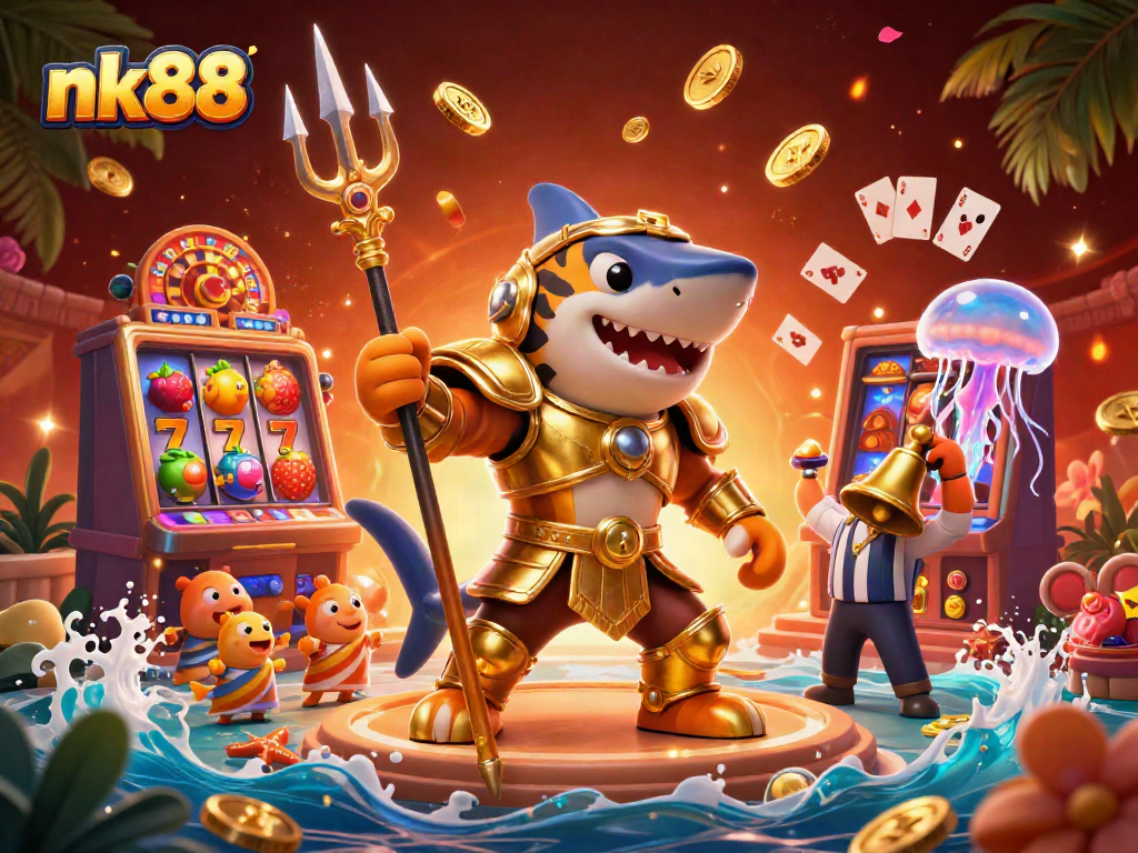 Engage with thrilling slots at nk88 featuring a tiger shark warrior in an underwater casino.