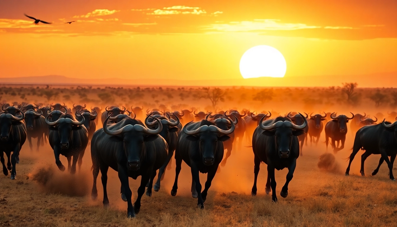 Wildebeest migration safari capturing wildebeests crossing the savannah during sunset.