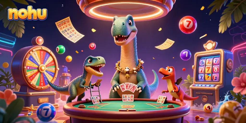 Nohu-themed casino scene showing a playful brontosaurus and clever raptor engaging with classic gaming elements.