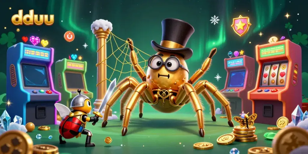 Engage in winning excitement at dduu with a vibrant casino scene showcasing a golden tarantula and beetle knight.