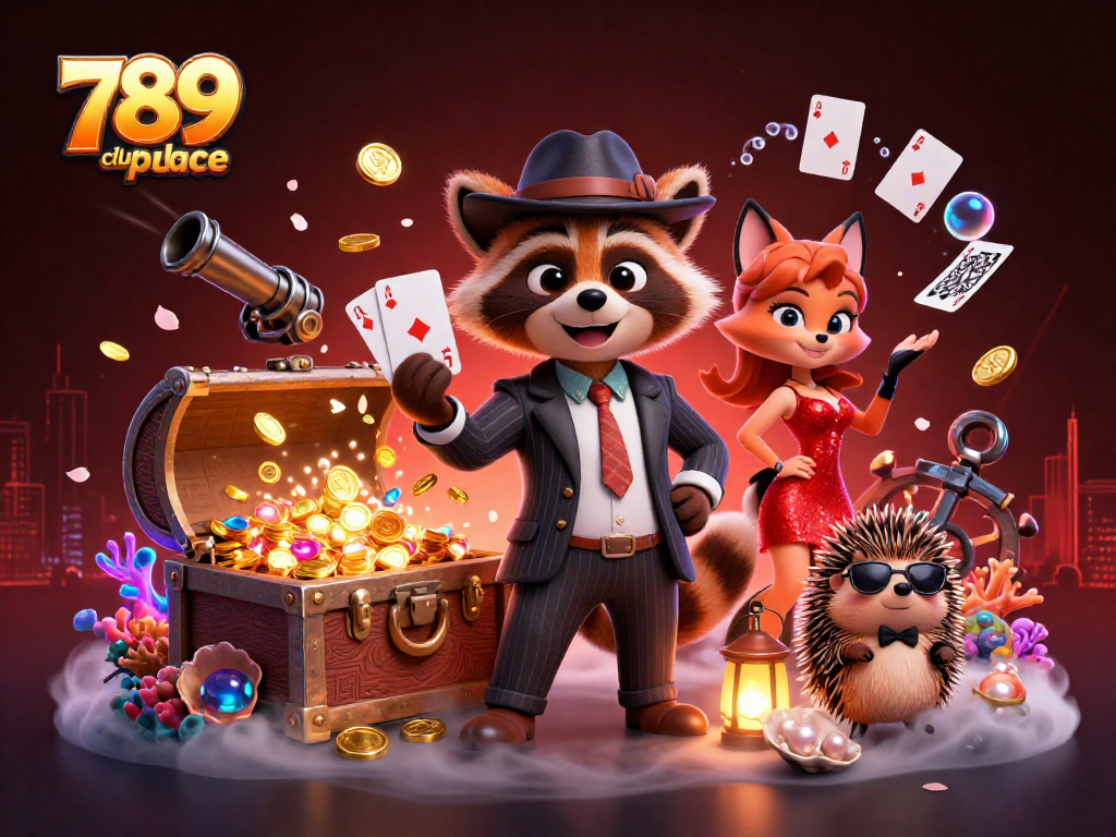 Engaging illustration depicting 789club place with characters enjoying a vibrant casino scene filled with gold coins and cards.