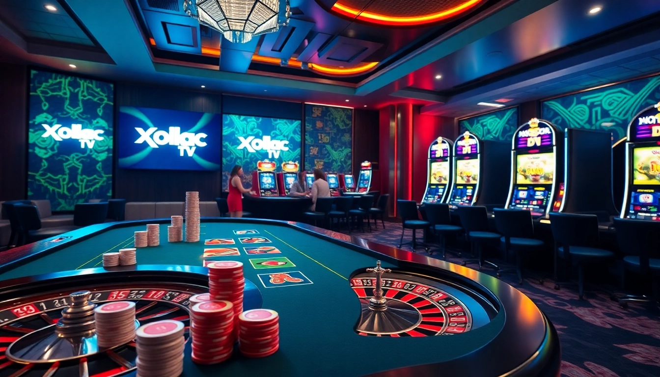 Xoilac tv view with players betting at a casino table featuring poker chips and roulette wheel.