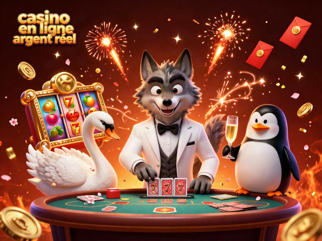 Jouez dans un casino en ligne argent réel avec des personnages animés autour de jeux de casino.