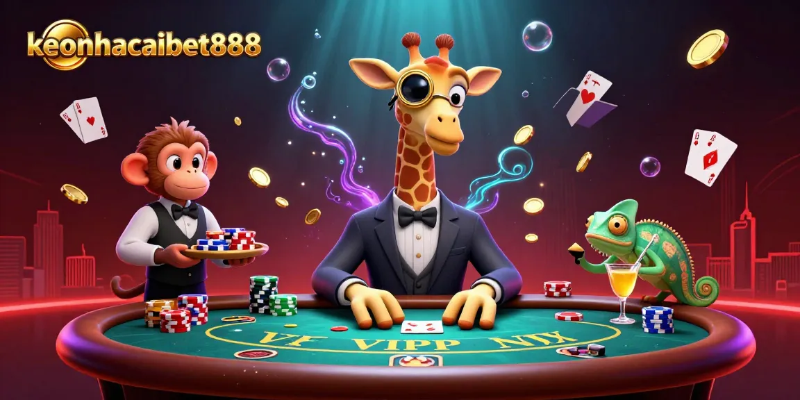 Engage with keonhacaibet888 as high-roller giraffe plays poker amidst gold chips and vibrant casino elements.