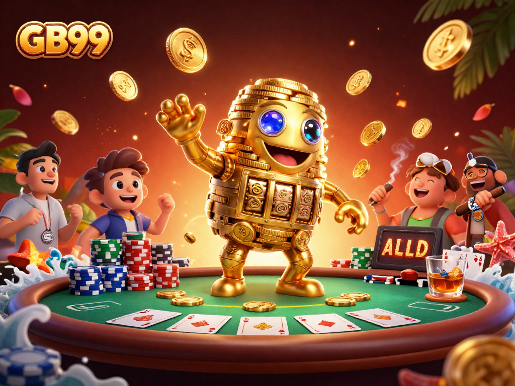 Bet big on GB99 with vibrant casino action featuring a golden golem and poker elements.