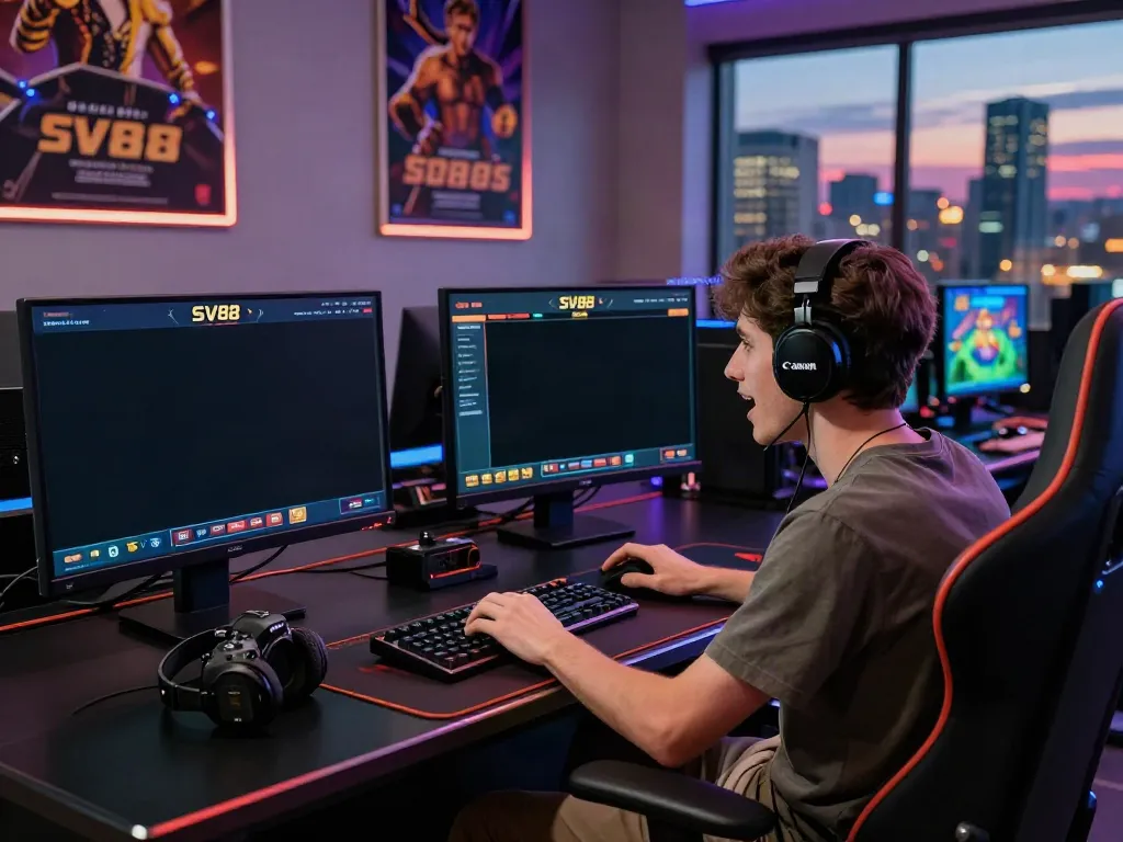 Player engaging with SV88 online gaming platform, displaying multiple casino and sports betting options in an immersive setup.