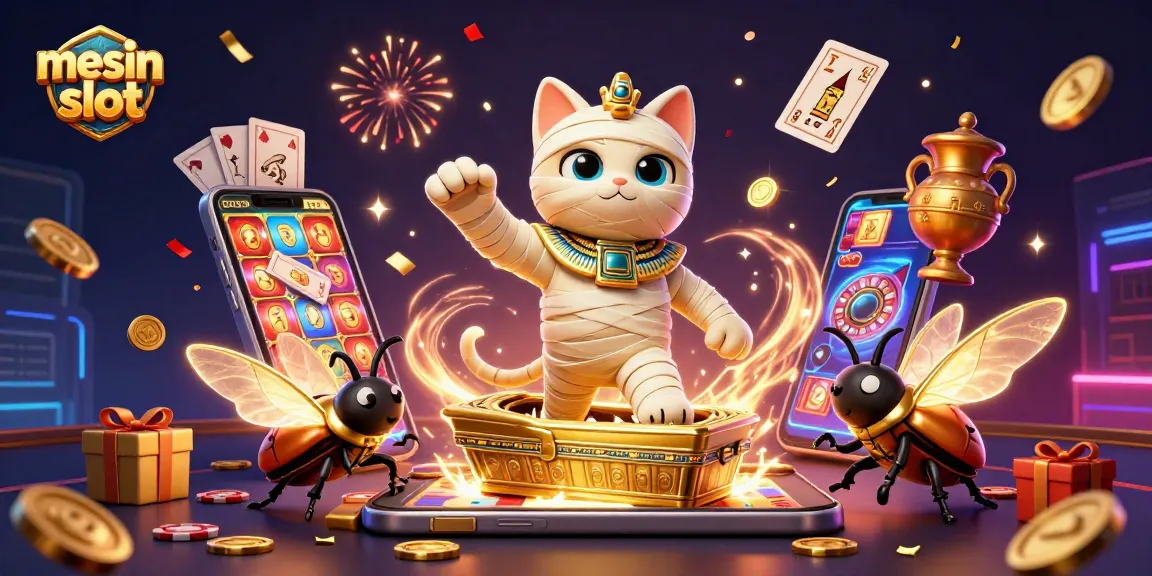 Experience thrilling mesin slot gameplay with a vibrant scene showcasing an Egyptian mummy cat and a scarab beetle in a dynamic casino environment.