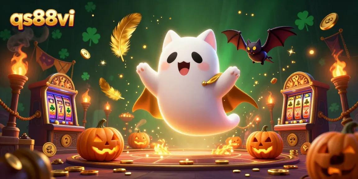 Experience the excitement of qs88vi with a ghost cat and bat in a vibrant casino scene.
