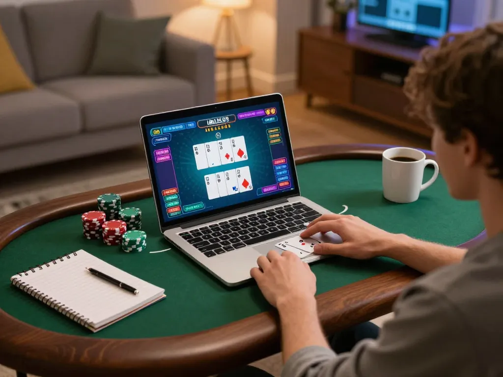 VA88 player strategizing poker on laptop at home, showcasing engaging gaming atmosphere