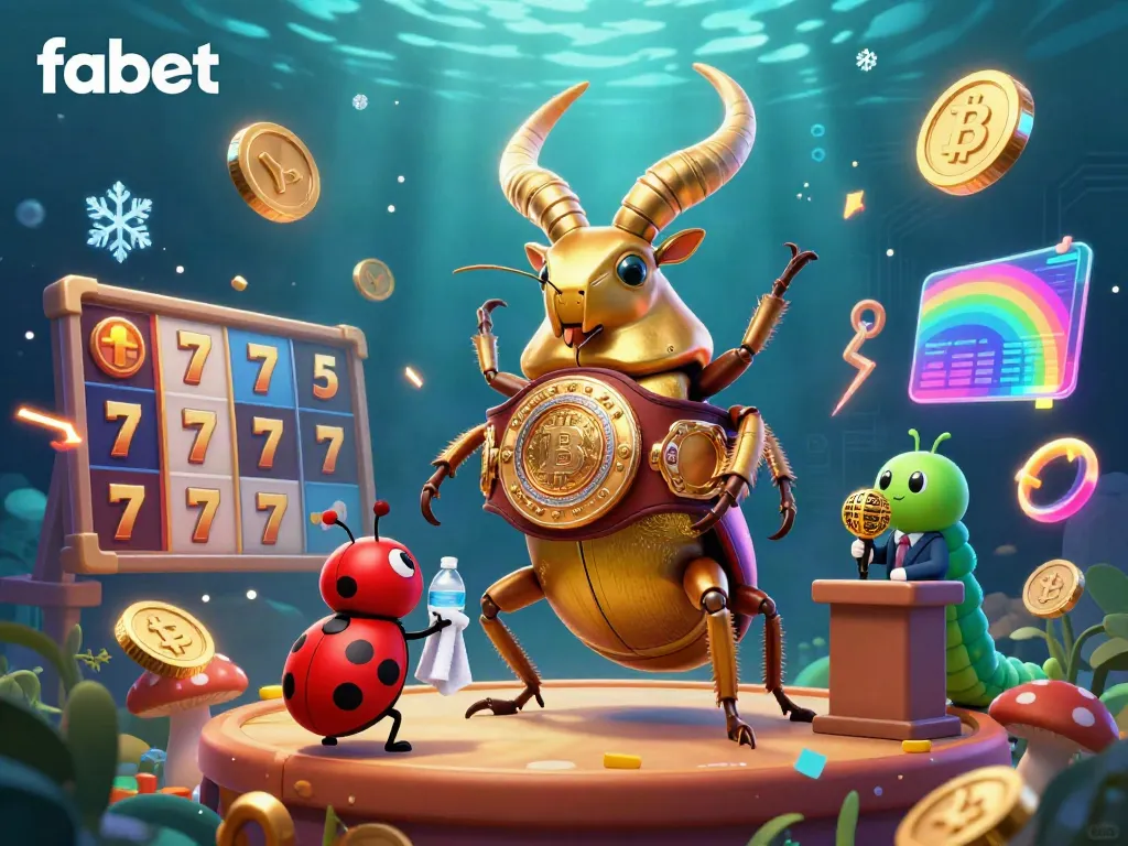Experience thrilling slots action with fabet in this vibrant 3D casino illustration featuring a golden stag beetle champion.
