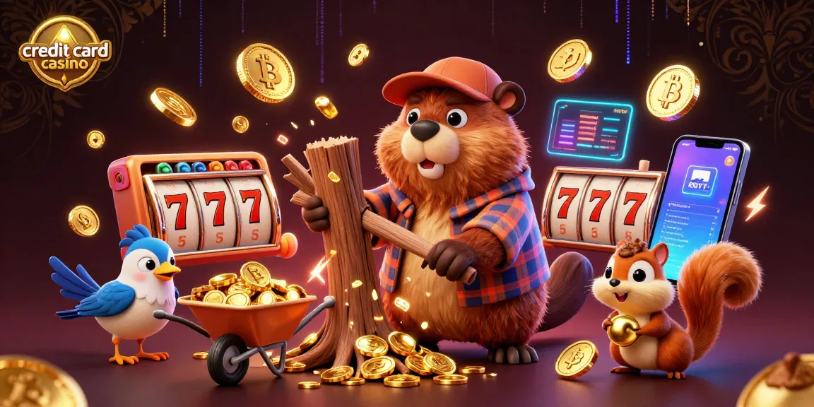 Experience the excitement of a credit card casino with playful characters amidst golden coins and vibrant gaming elements.