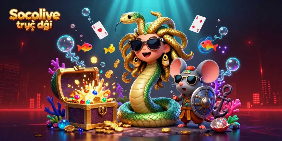 Engage with Socolive trực tiếp in a vibrant casino scene featuring Medusa and a warrior mouse.