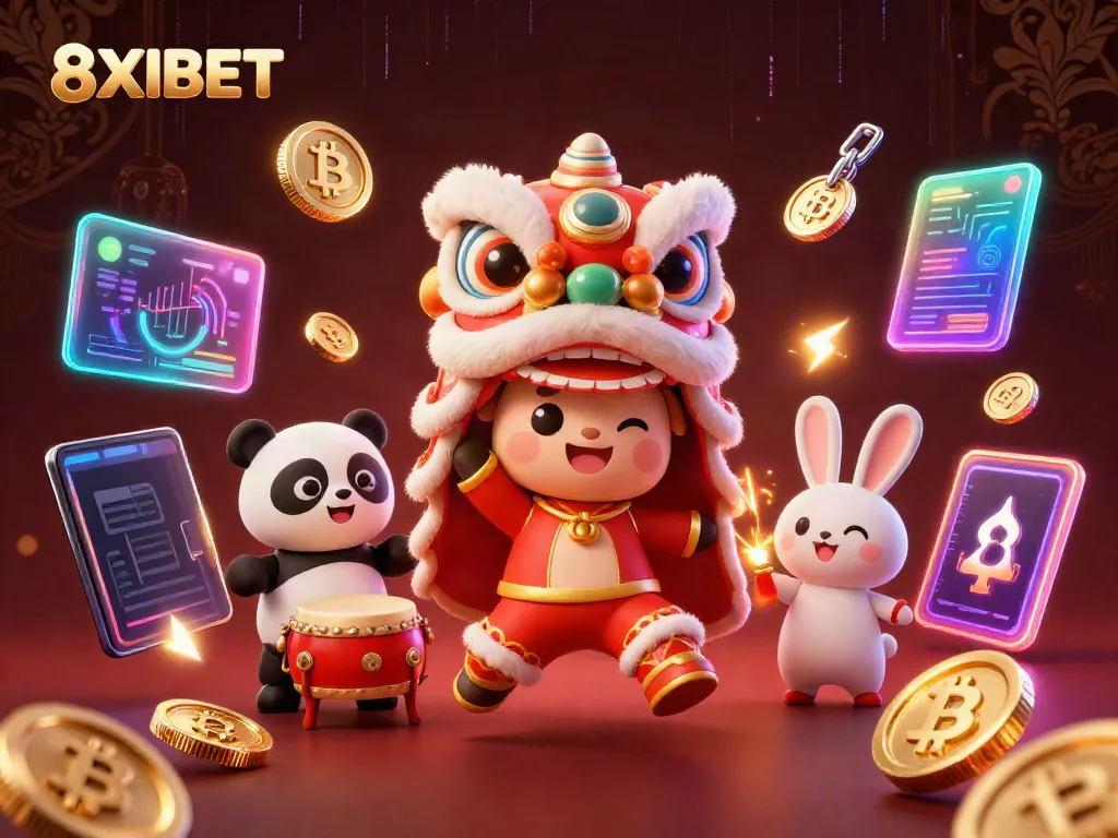 Experience the vibrant ambiance of 8XBET with a lively lion dance complemented by crypto elements.