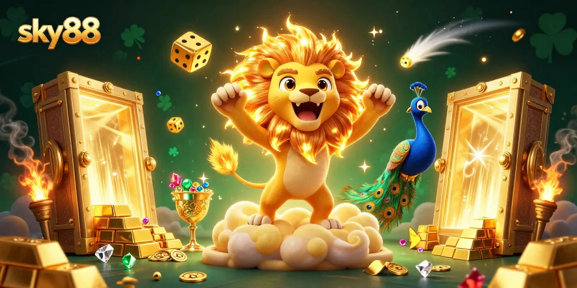 Experience thrilling casino action at sky88 with joyful lion, golden rewards, and vibrant treasures.