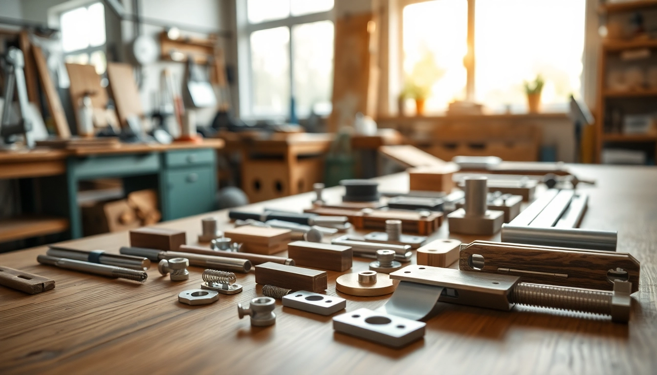 Showcase of furniture hardware supplier components on a wooden table, emphasizing quality and craftsmanship.
