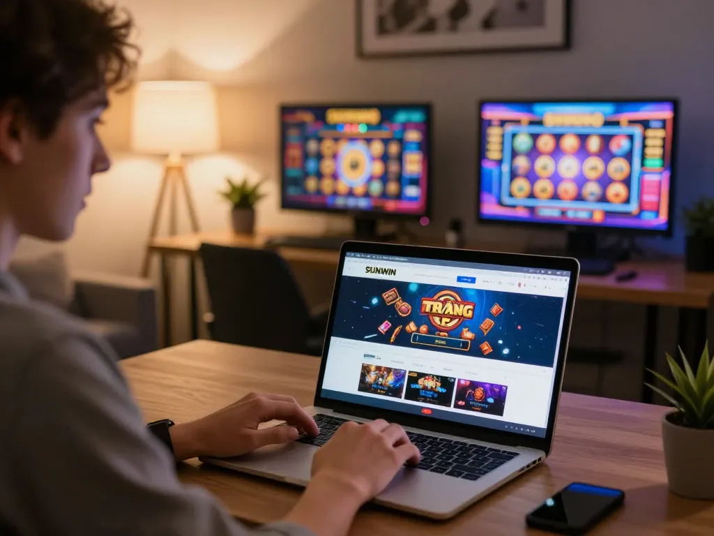 Player engaging with the SUNWIN TRANG CHỦ gaming interface during an online session at home.