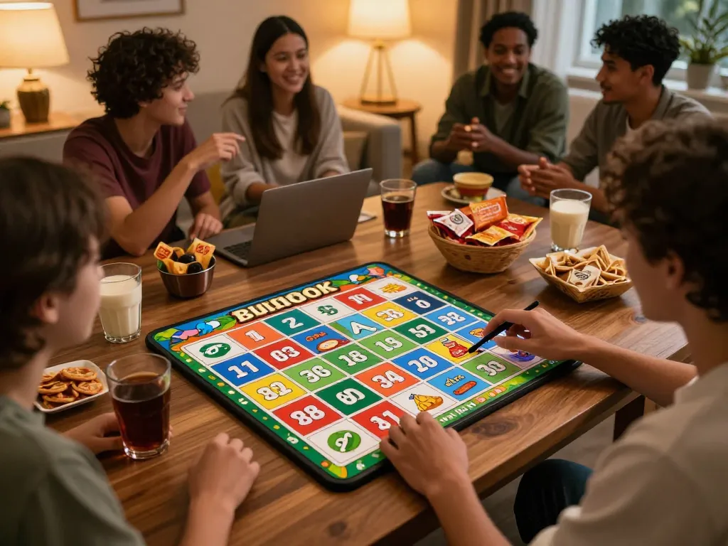 rokok88 players enjoying an online bingo game with colorful cards and cheerful decorations during a cozy gathering