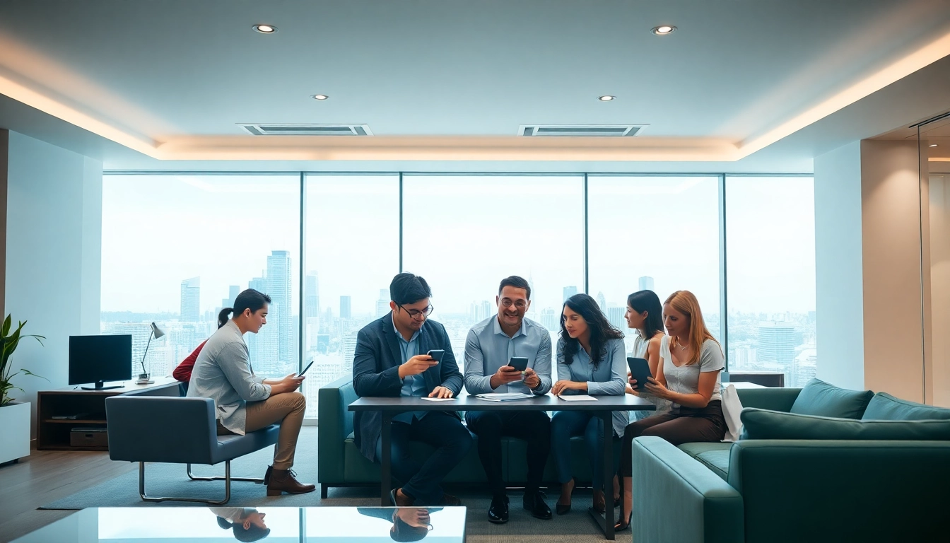 Instant Phone Buyer engaging clients in a modern office setting with vibrant city views.