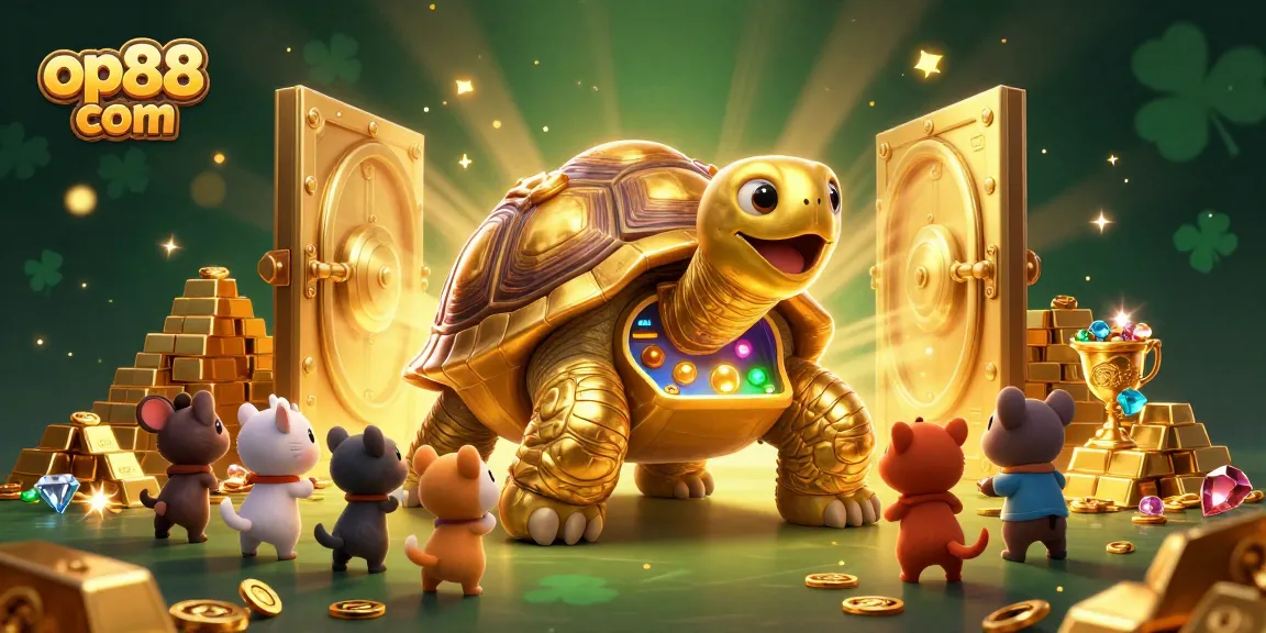 Exciting scene at op88 com, showcasing a golden tortoise pinball casino with vibrant jewels and animals.