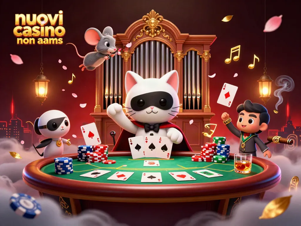 Gioca nei nuovi casino non aams con un gatto fantasma al casinò, avvolto da petali e note musicali.