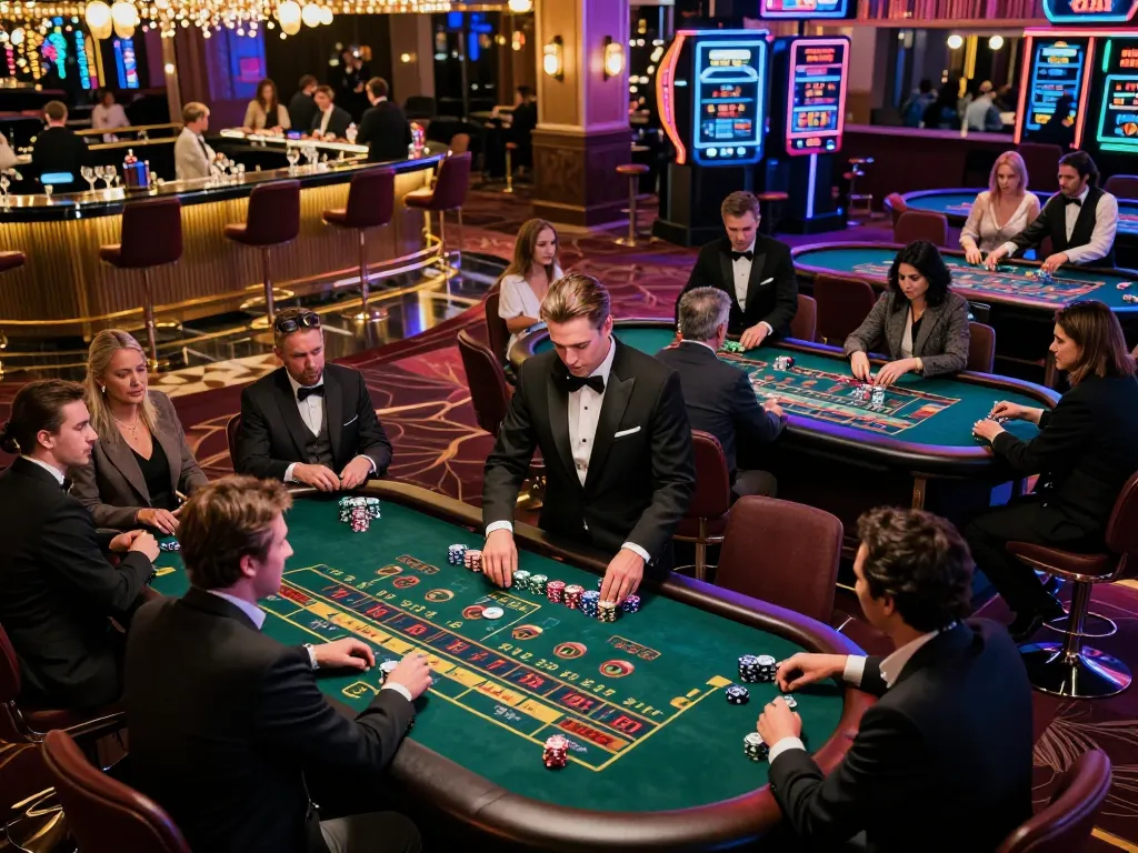 Players at DH 88 casino engage in intense blackjack and roulette games amidst vibrant lights.