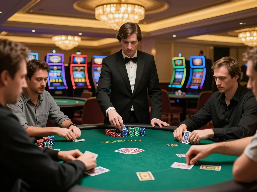 Engaged players at 789win poker table strategizing their bets in a luxury casino atmosphere