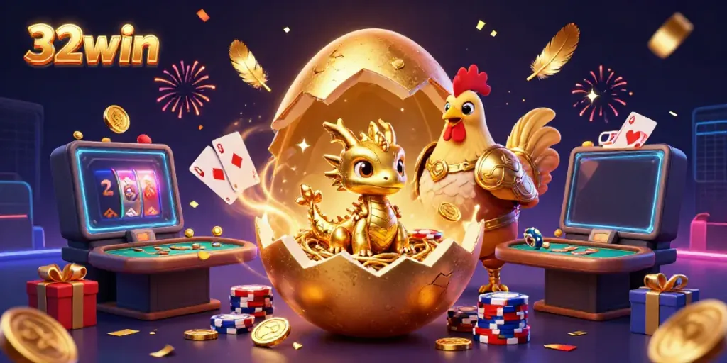 Experience the excitement of 32win with golden dragon and poker elements in a dazzling casino scene.