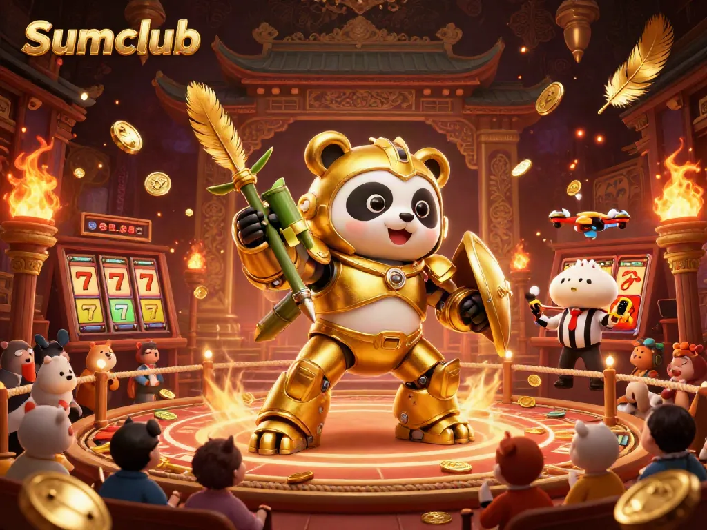 Experience thrilling gameplay at Sumclub with a golden panda pilot in an action-packed casino scene.