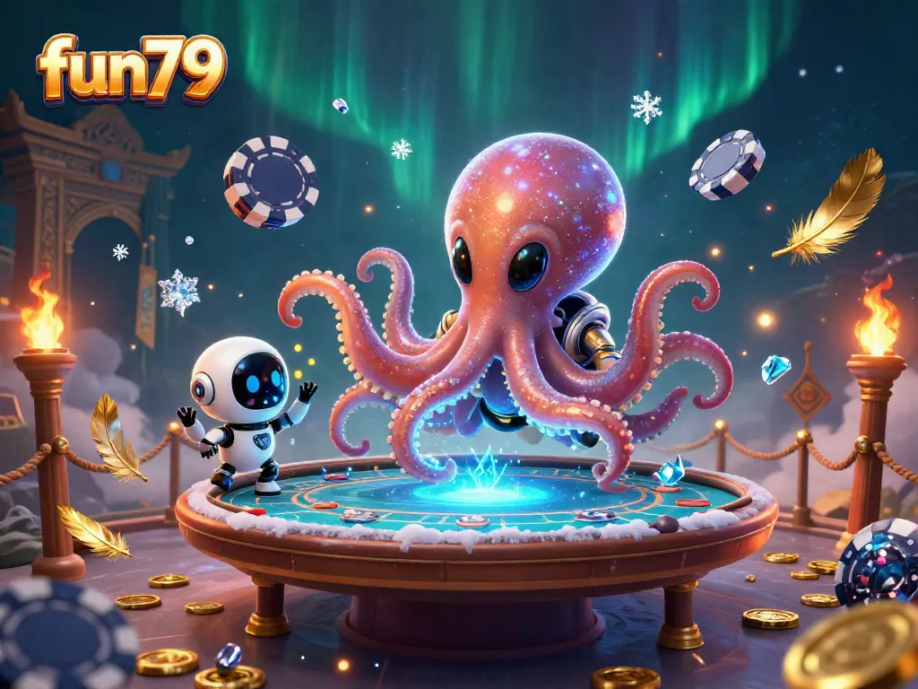 Experience the excitement of fun79 with an alien octopus at a holographic poker table, showcasing vibrant casino elements.