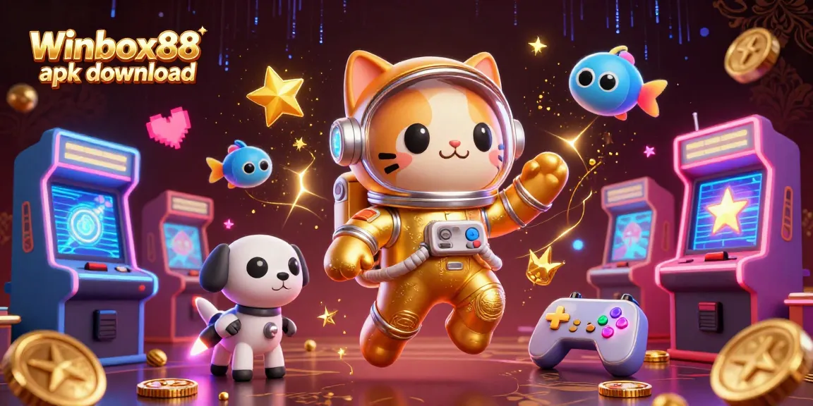 Access the Winbox88 apk download with a vibrant 3D casino-themed illustration of an astronaut cat.
