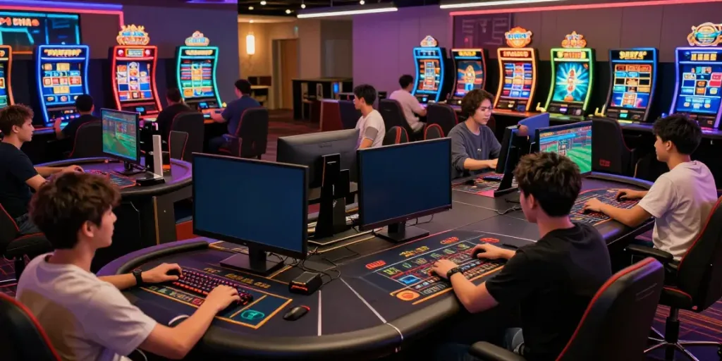 Dynamic gaming scene highlighting https://man88pro.com/ with players enjoying diverse games in a modern setting.