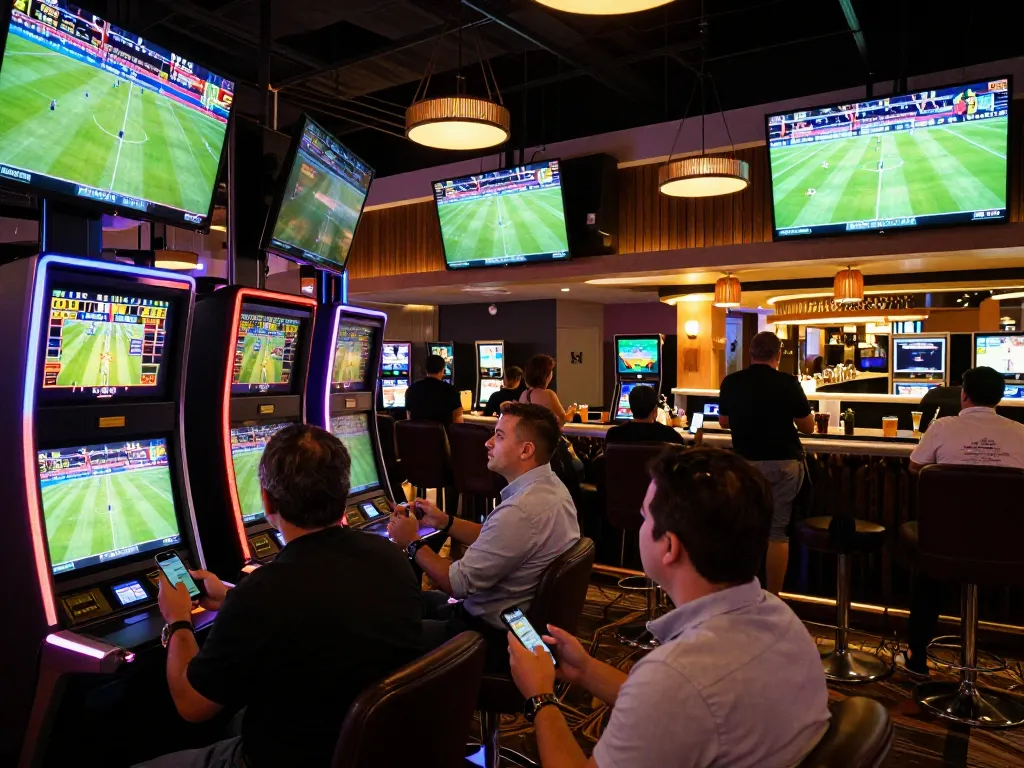 SOCOLIVE sports betting area with patrons engaged in live soccer action and betting.