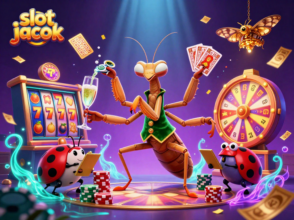 Experience excitement with slot jackpot featuring a lively mantis dealer and ladybug pit boss.